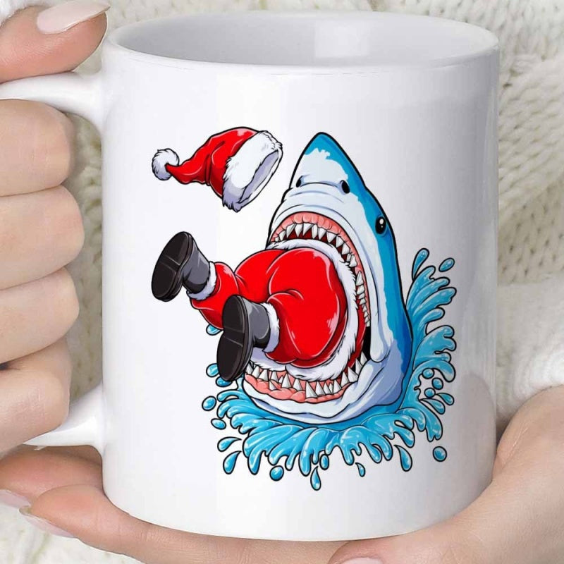 Tailorly White Ceramic 11 oz Mug - Fierce Blue Shark Leaping Out Of Ocean Waves Eating Santa Shark