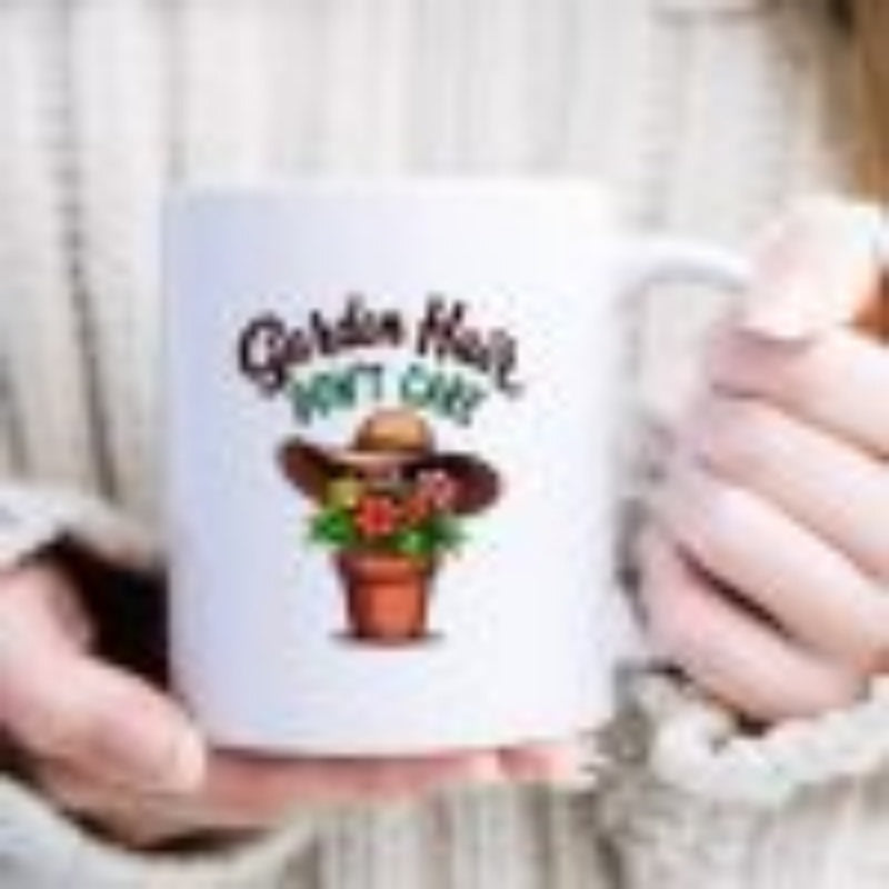 Tailorly White Ceramic 11 oz Mug - Garden Hair Don't Care Blooming Flowers In Terracotta Pot Wearing Large Summer Garden Hat Potted Plant