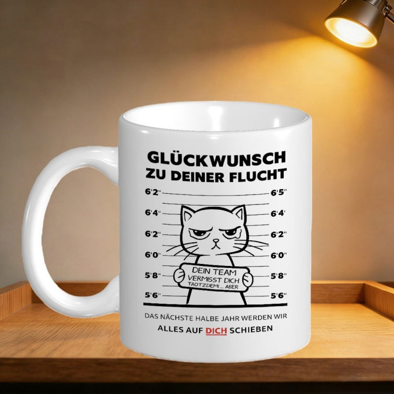 Tailorly White Ceramic 11 oz Mug - Grumpy Cartoon Criminal Face Holding Identification Sign In Police Mugshot Cat