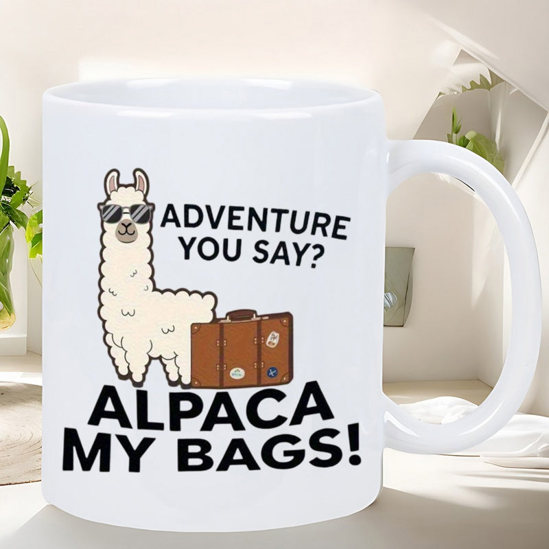 Tailorly White Ceramic 11 oz Mug - Adventure You Say Alpaca My Bags Wearing Sunglasses Beside A Brown Retro Travel Suitcase Llama
