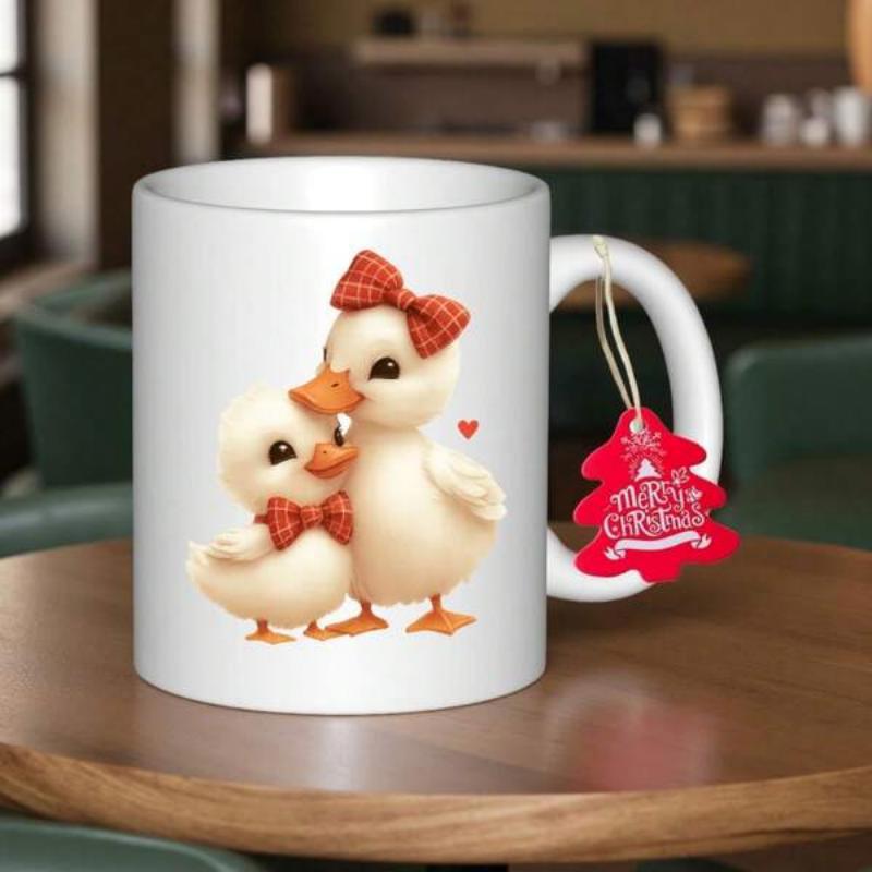 Tailorly White Ceramic 11 oz Mug - Merry Christmas Two Adorable Fluffy Ducklings Wearing Red Festive Bows Standing Together Ducklings