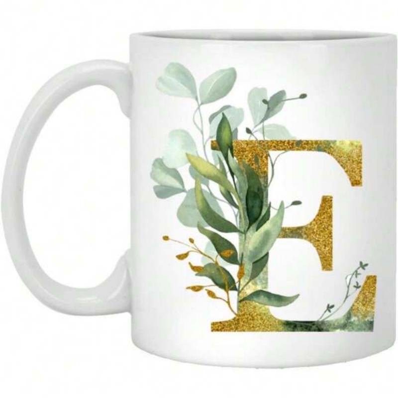 Tailorly White Ceramic 11 oz Mug - E Elegant Golden Glitter Texture Intertwined With Lush Green Eucalyptus Leaves Letter