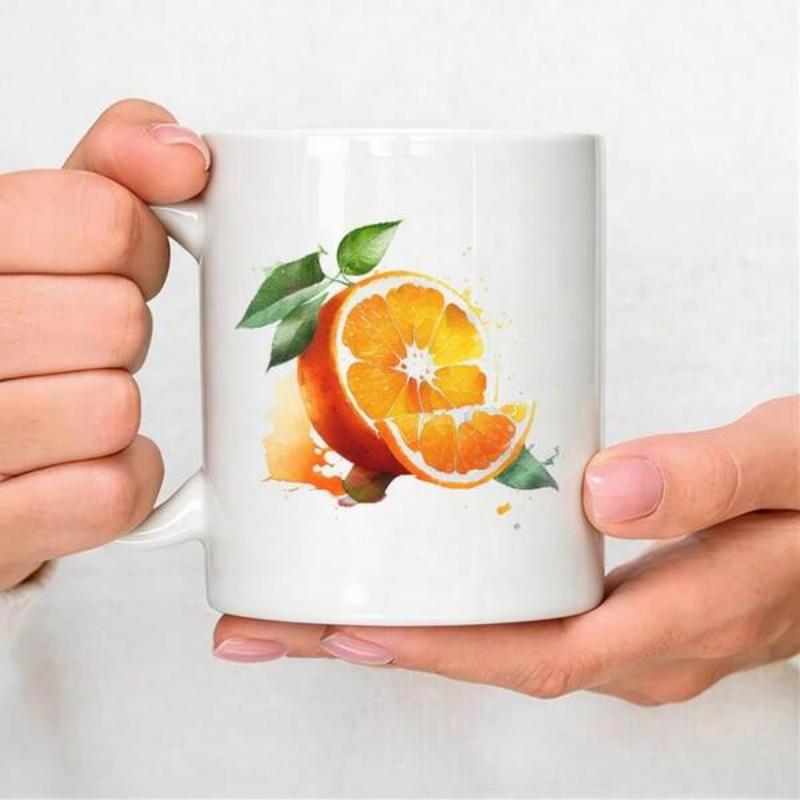 Tailorly White Ceramic 11 oz Mug - Watercolor Sliced Citrus Fruit With Green Leaves And Vibrant Juicy Orange