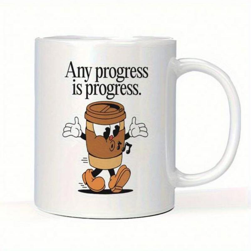 Tailorly White Ceramic 11 oz Mug - Any Progress Is Progress Whistling Retro Style Coffee Cup Walking Joyfully With Musical Notes Character