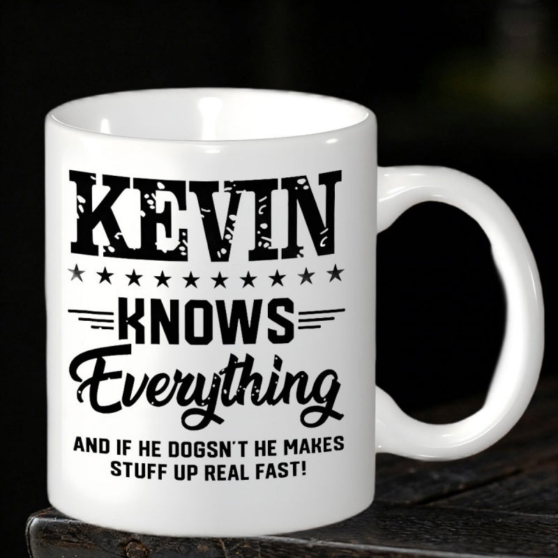 Tailorly White Ceramic 11 oz Mug - Kevin Knows Everything Bold Black Lettering With Decorative Stars On A Classic