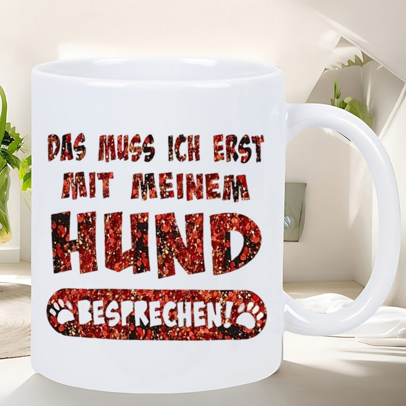 Tailorly White Ceramic 11 oz Mug - Vibrant Red Textured Artistic Typography With Paw Prints Under Gentle Daylight Mug