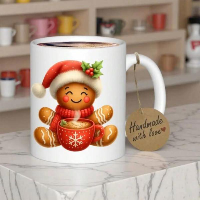 Tailorly White Ceramic 11 oz Mug - Handmade With Love Charming Gingerbread Character Wearing Red Santa Hat Holding Warm Winter Cocoa Cup Gingerbread Man