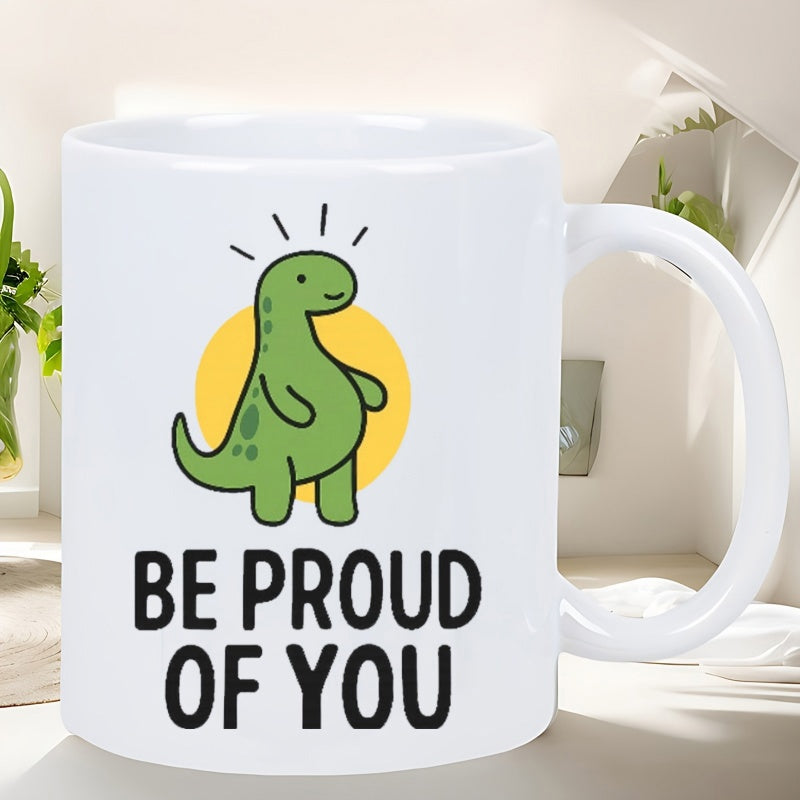 Tailorly White Ceramic 11 oz Mug - Be Proud Of You Friendly Little Green Creature Standing Before Glowing Yellow Sun Dinosaur