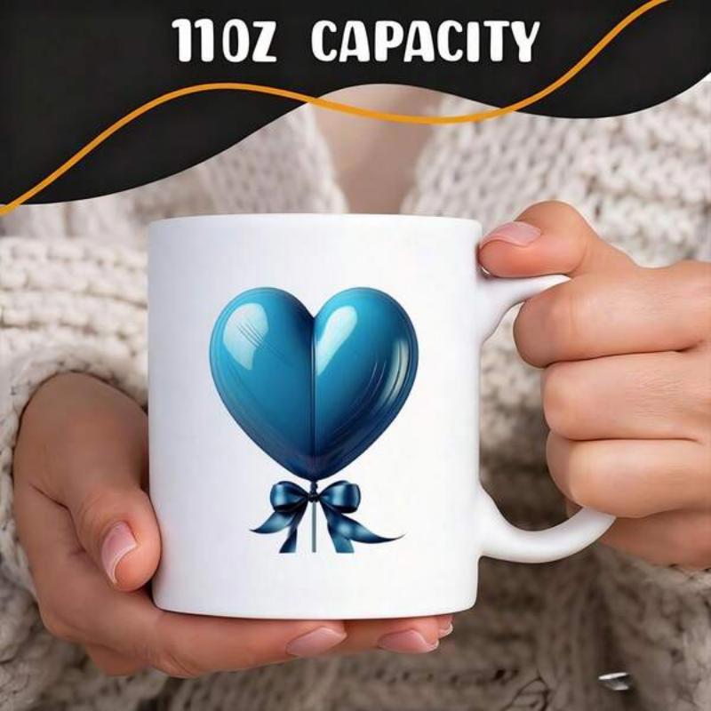 Tailorly White Ceramic 11 oz Mug - Elegant Metallic Teal Heart Shaped Balloon With A Decorative Dark Ribbon Balloon