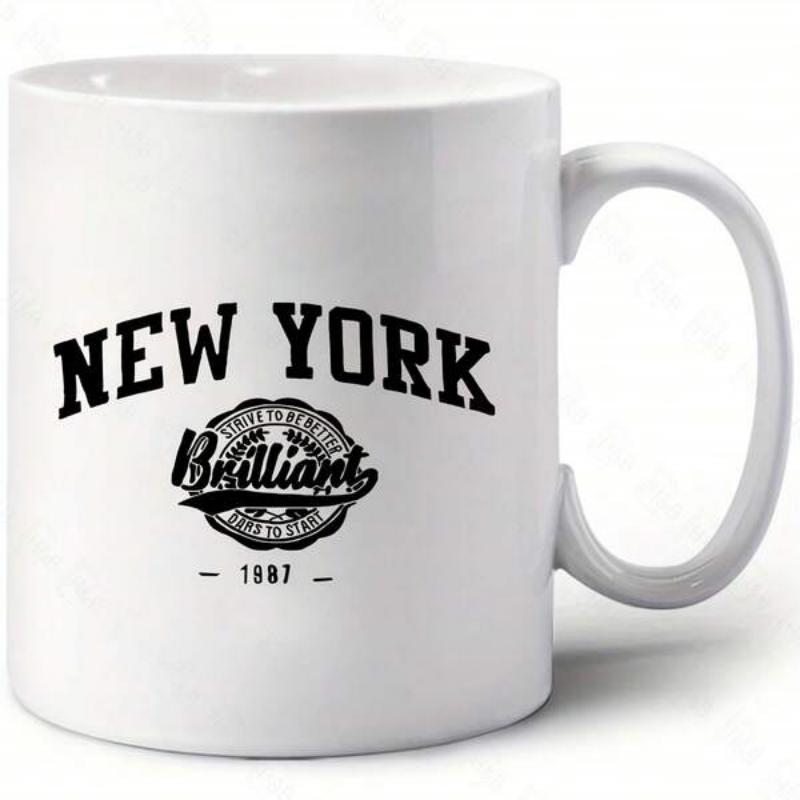 Tailorly White Ceramic 11 oz Mug - New York Brilliant 1987 Vintage Collegiate Emblem Featuring Arched Bold Lettering And Elegant Script Badge