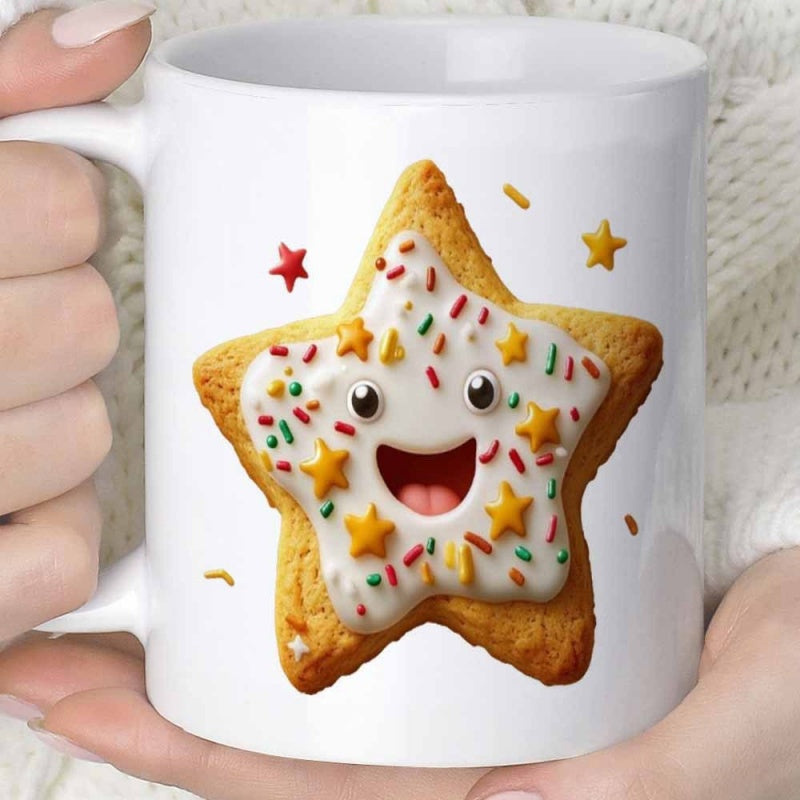 Tailorly White Ceramic 11 oz Mug - Happy Golden Star Shaped Treat Decorated With Sweet White Icing Cookie