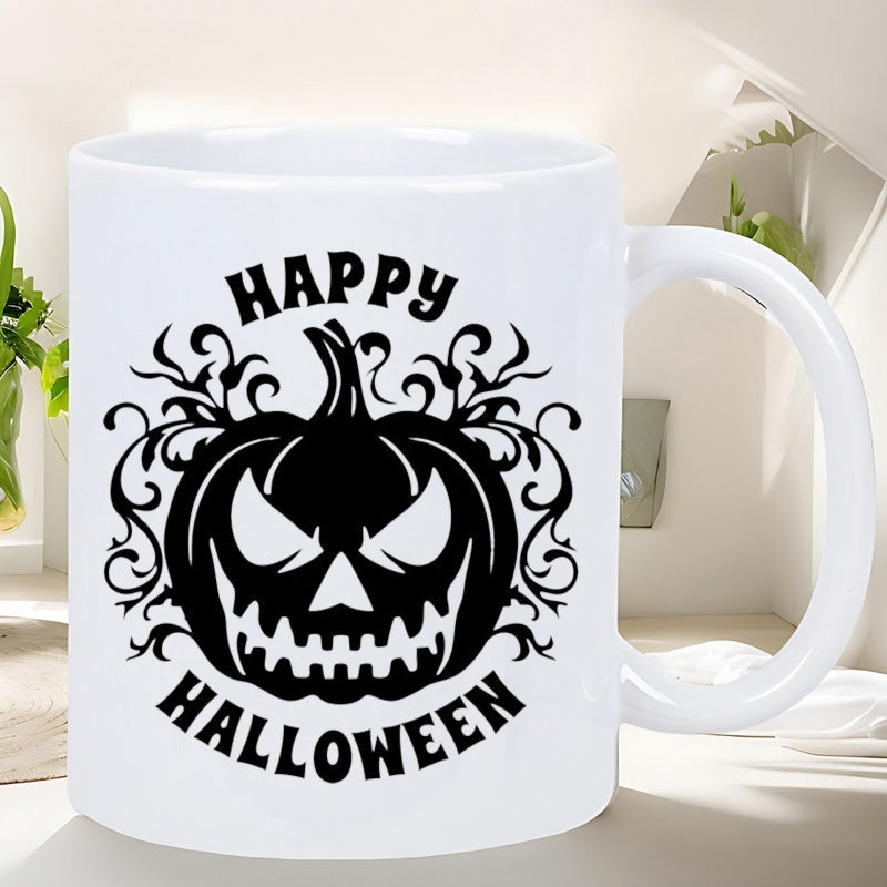 Tailorly White Ceramic 11 oz Mug - Happy Halloween Intricate Black Filigree Swirls Surrounding A Spooky Carved Smiling Pumpkin