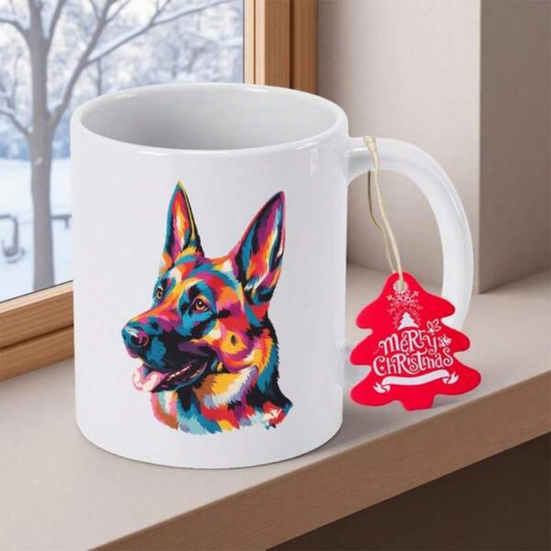 Tailorly White Ceramic 11 oz Mug - Merry Christmas Vibrant Abstract Pop Art Style Head Of A Colorful German Shepherd Dog