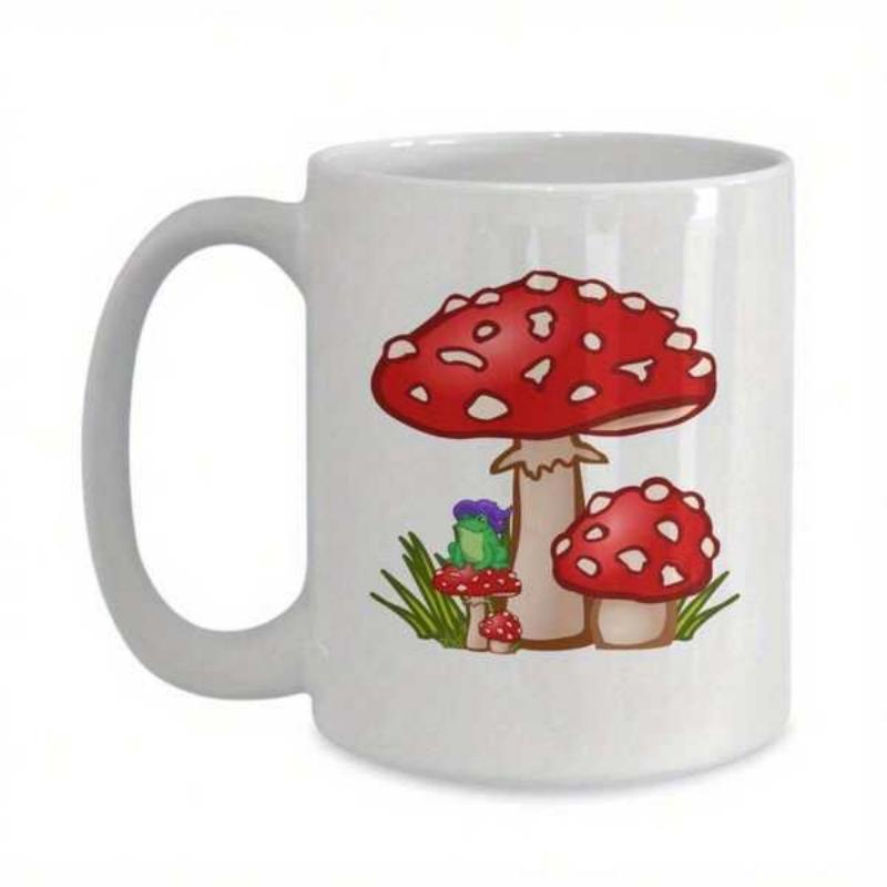 Tailorly White Ceramic 11 oz Mug - Vibrant Red Forest Toadstools Growing Among Delicate Green Grass Blades Mushroom