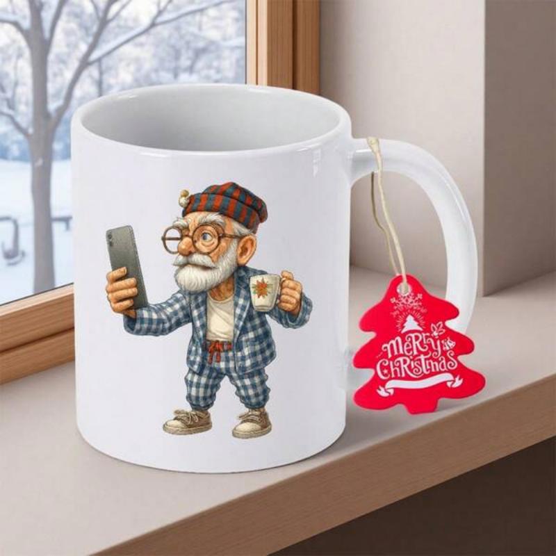 Tailorly White Ceramic 11 oz Mug - Merry Christmas Stylish Elderly Man Wearing Plaid Suit Holding Phone And Small Cup Character