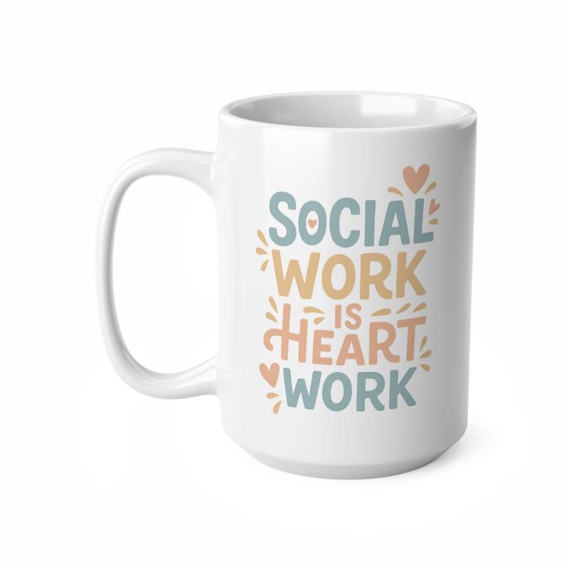 Tailorly White Ceramic 11 oz Mug - Social Work Is Heart Work Artistic Typography With Tiny Decorative Hearts And Minimalist Line Accents Mug