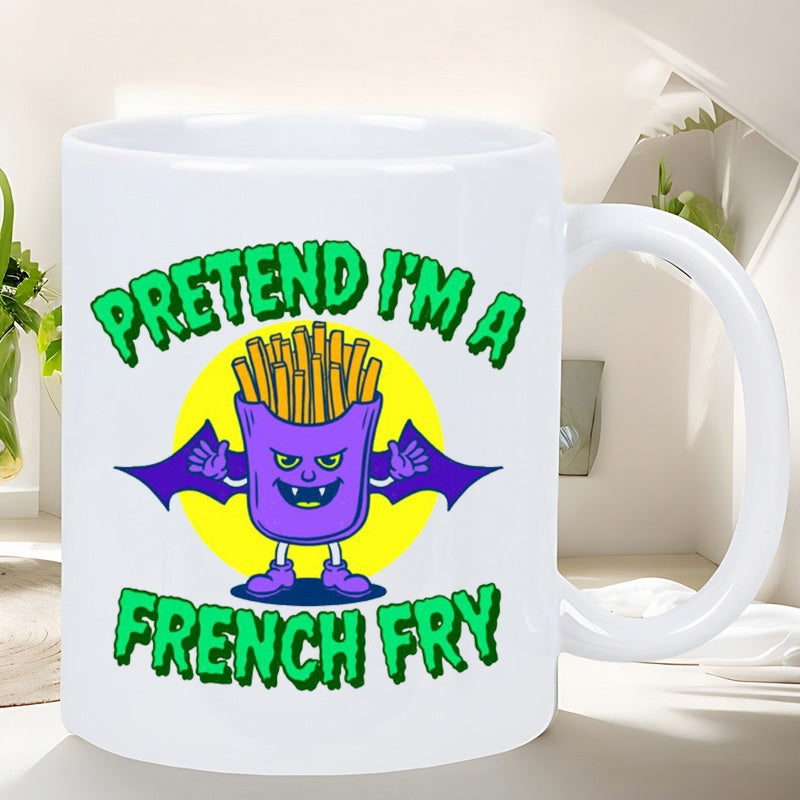 Tailorly White Ceramic 11 oz Mug - Pretend Im A French Fry Cartoon Purple Vampire Box With Bat Wings Behind Yellow Circle Fry