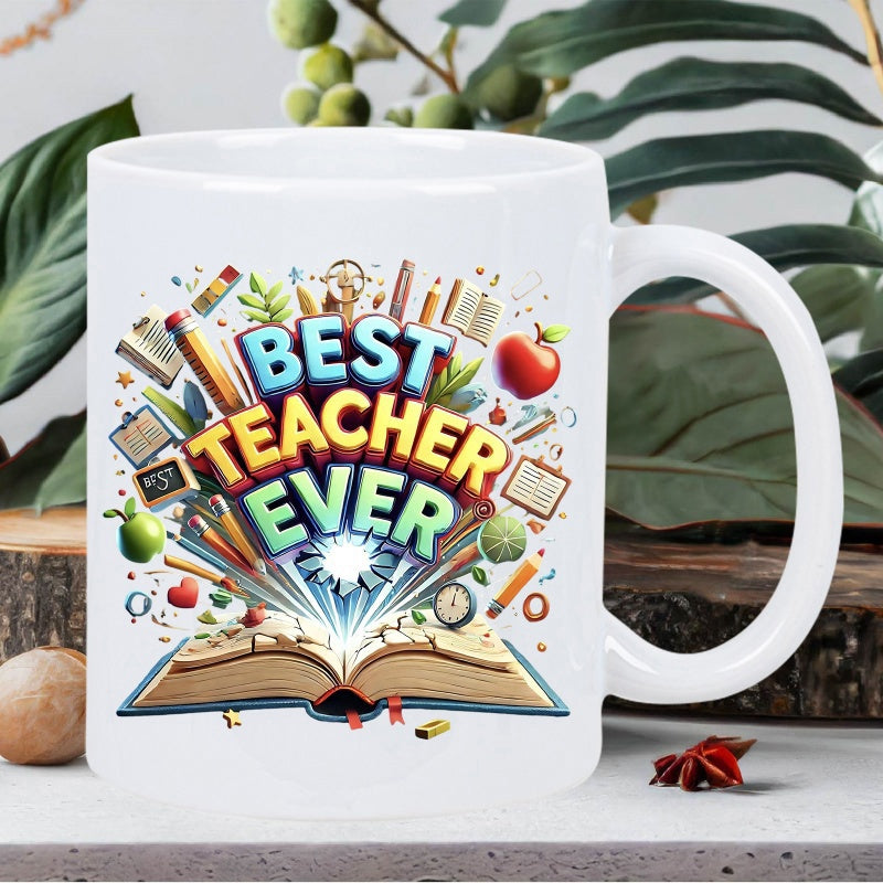 Tailorly White Ceramic 11 oz Mug - Best Teacher Ever Colorful Educational Supplies Floating From A Magic Open Knowledge Hardcover Book