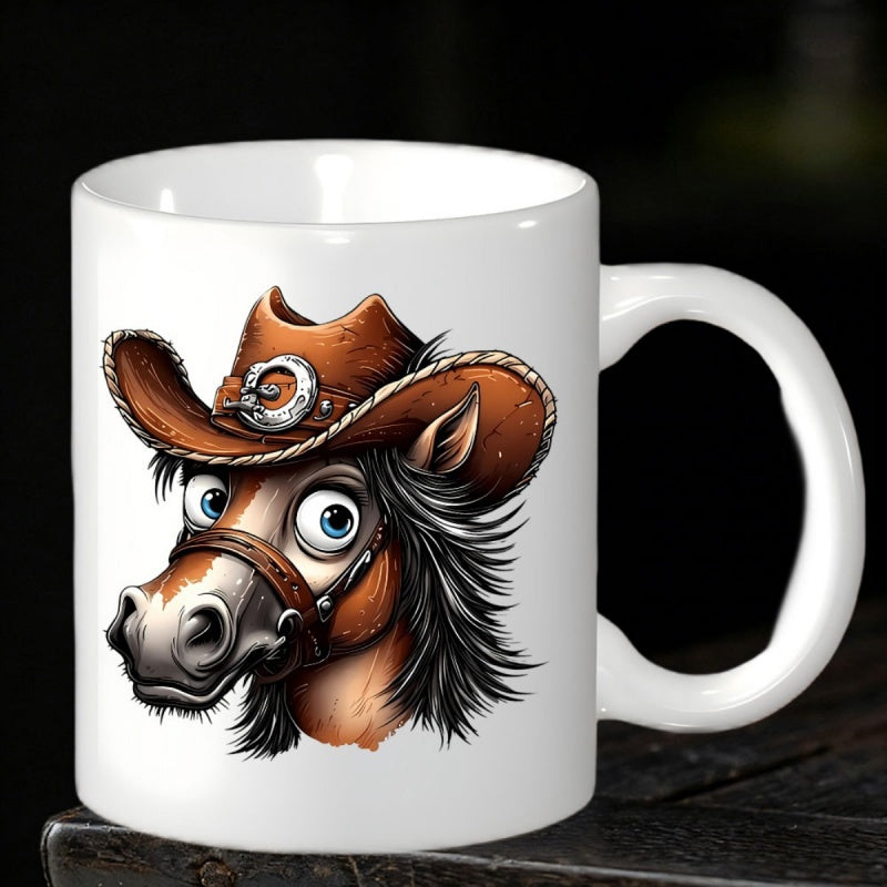 Tailorly White Ceramic 11 oz Mug - Whimsical Brown Stallion Wearing A Detailed Leather Cowboy Hat With Large Blue Eyes Horse