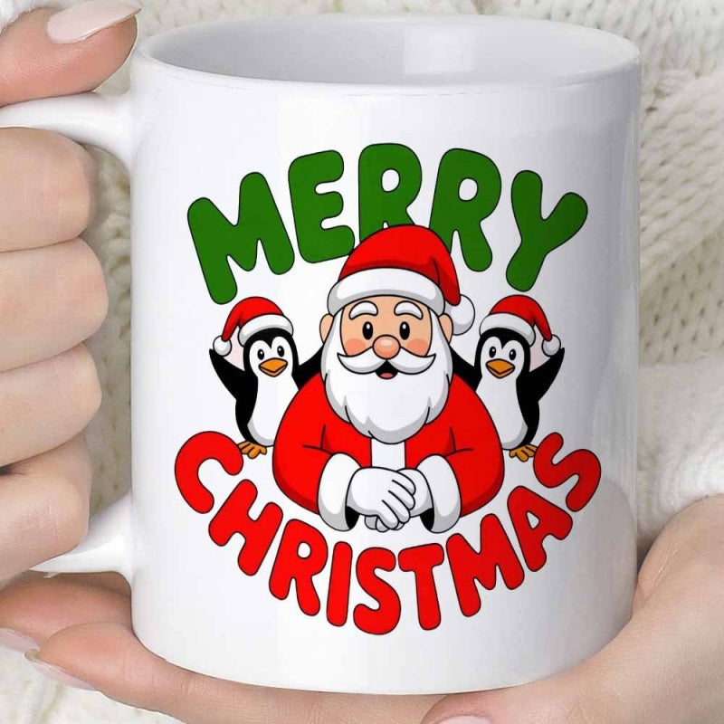 Tailorly White Ceramic 11 oz Mug - Merry Christmas Smiling Santa Claus With Cute Penguins Wearing Red Holiday Hats Santa Claus