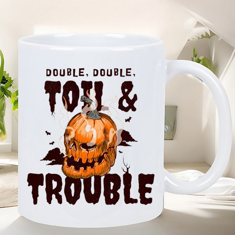 Tailorly White Ceramic 11 oz Mug - Double Double Toil Trouble Spooky Jack O Lantern With Skull Face Among Dark Misty Shadows Pumpkin