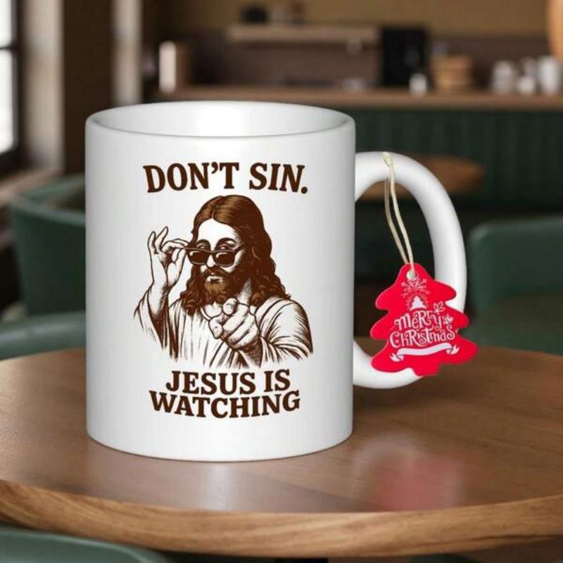 Tailorly White Ceramic 11 oz Mug - Don't Sin Jesus Is Watching Modern Stylized Portrait Wearing Dark Sunglasses Pointing Forward Jesus