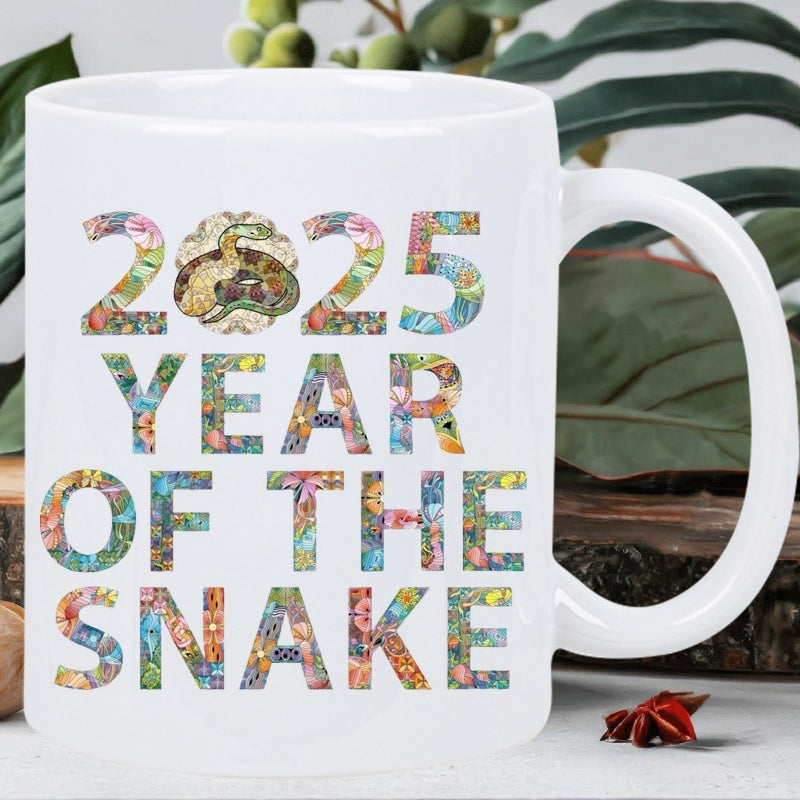 Tailorly White Ceramic 11 oz Mug - 2025 Year Of The Snake Colorful Floral Pattern Filled Block Letters Celebrating New Year Snake