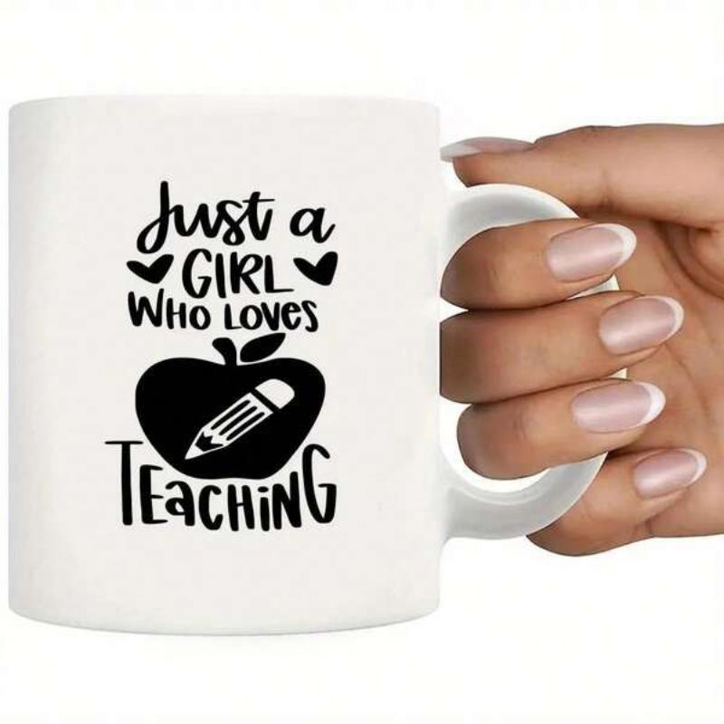Tailorly White Ceramic 11 oz Mug - Just A Girl Who Loves Teaching Hand Drawn Apple Silhouette Featuring A Sharp Pencil And Tiny Hearts Apple