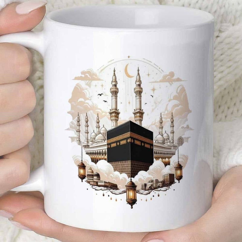 Tailorly White Ceramic 11 oz Mug - Sacred Architecture Surrounded By Glowing Lanterns And Graceful Tall Minarets Kaaba