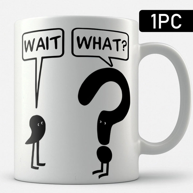 Tailorly White Ceramic 11 oz Mug - Wait What Minimalist Quirky Black Comic Characters With Speech Bubbles On White Figure