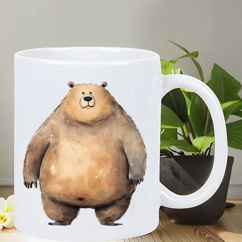 Tailorly White Ceramic 11 oz Mug - Chubby Brown Animal With Soft Fur Standing In Simple Watercolor Style Bear