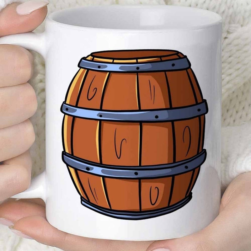 Tailorly White Ceramic 11 oz Mug - Handcrafted Rustic Wooden Container Secured With Three Dark Metal Bands Barrel