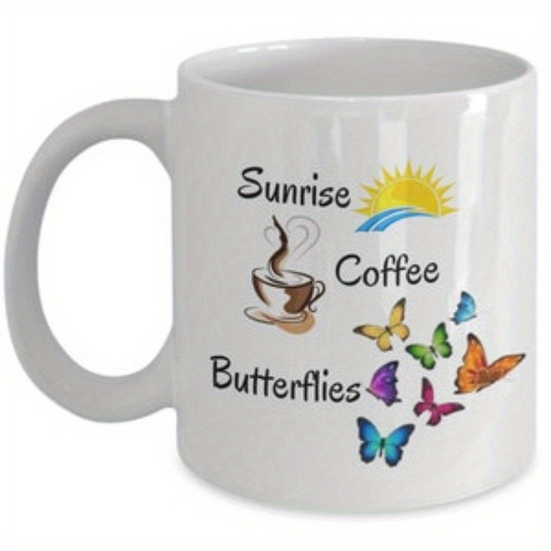 Tailorly White Ceramic 11 oz Mug - Sunrise Coffee Butterflies Dancing In Sunlight With A Steaming Cup Under Rising Sun Butterfly