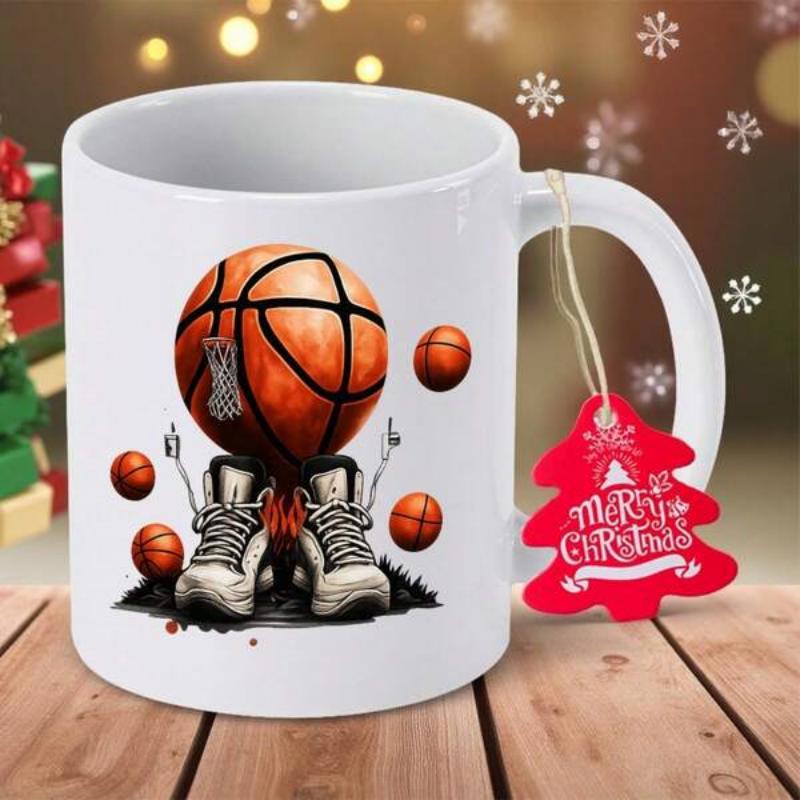 Tailorly White Ceramic 11 oz Mug - Merry Christmas Detailed Athletic Sneakers Supporting A Large Vibrant Orange Textured Basketball