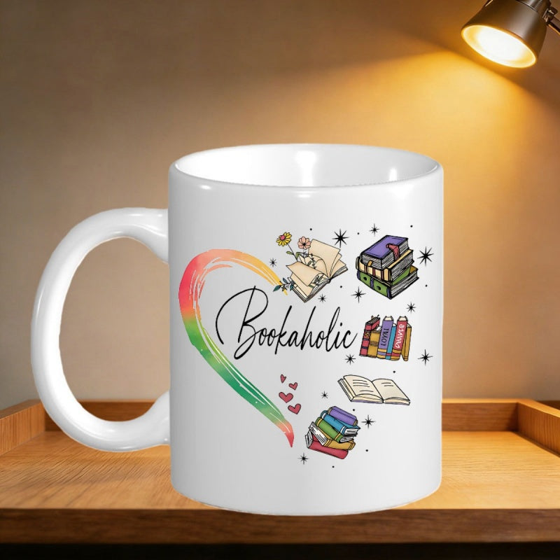 Tailorly White Ceramic 11 oz Mug - Bookaholic Vibrant Rainbow Stroke Heart With Magic Stars And Stacks Of Reading Book