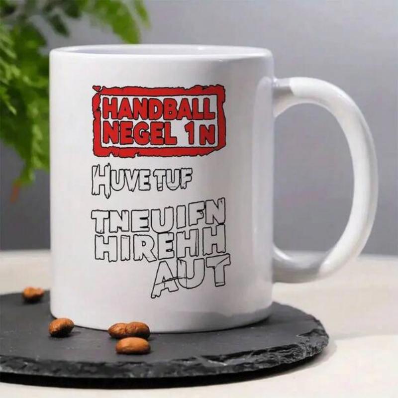 Tailorly White Ceramic 11 oz Mug - Handball Minimalist Ceramic Vessel Featuring Bold Block Lettering And Red Accent Colors Mug