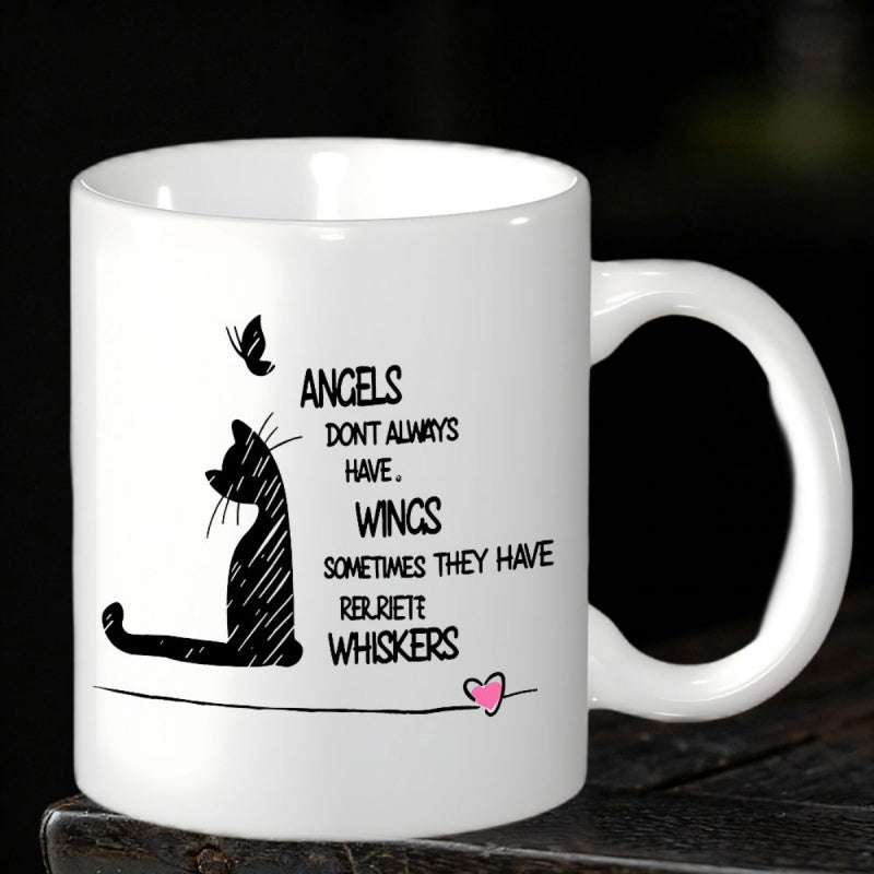Tailorly White Ceramic 11 oz Mug - Angels Dont Always Have Wings Sometimes They Have Whiskers Minimalist Hand Drawn Black Silhouette With Butterfly And Heart Cat