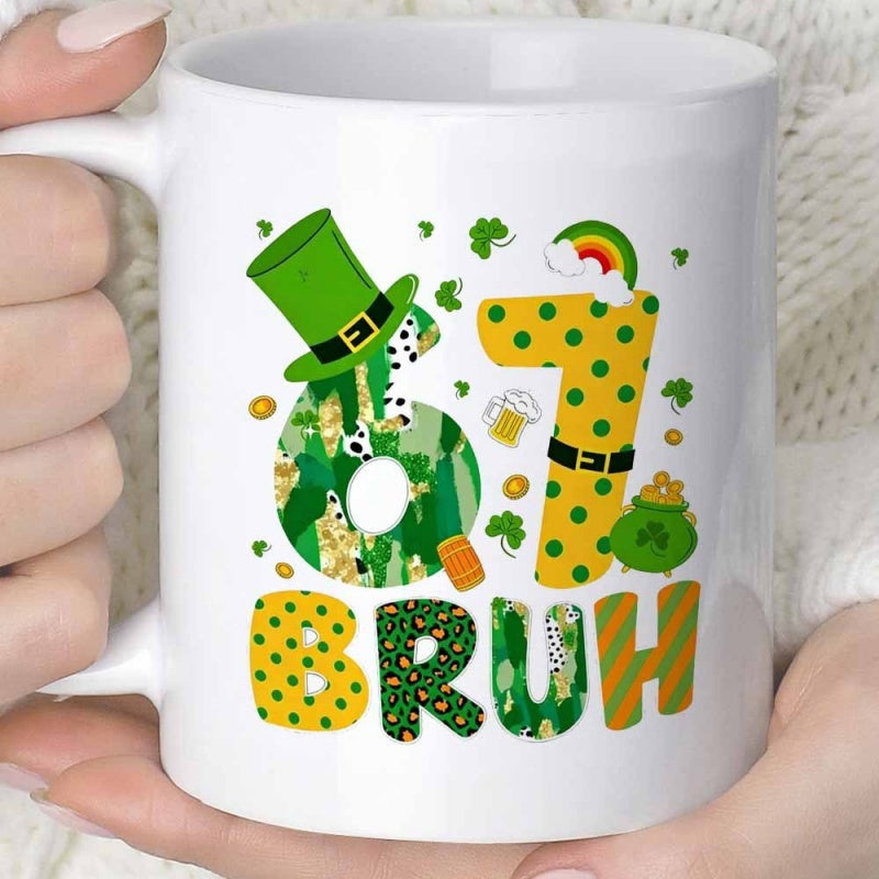 Tailorly White Ceramic 11 oz Mug - 67 BRUH Festive Green Hat With Shamrocks And Gold Pot Under Rainbow Number