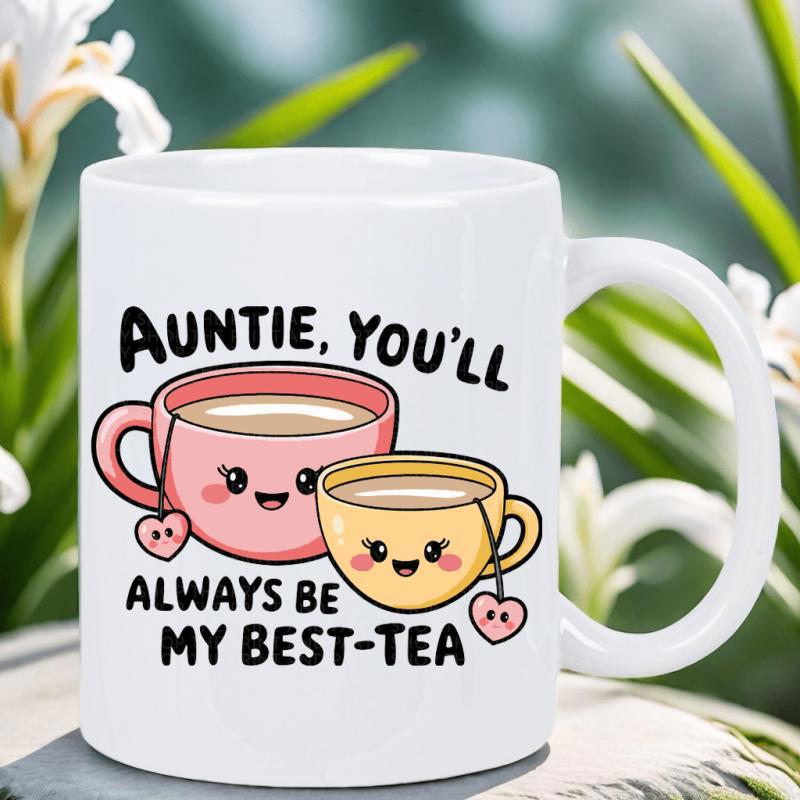 Tailorly White Ceramic 11 oz Mug - Auntie Youll Always Be My Best Tea Two Smiling Kawaii Cups With Heart Shaped Tea Bags Hanging Out Teacup