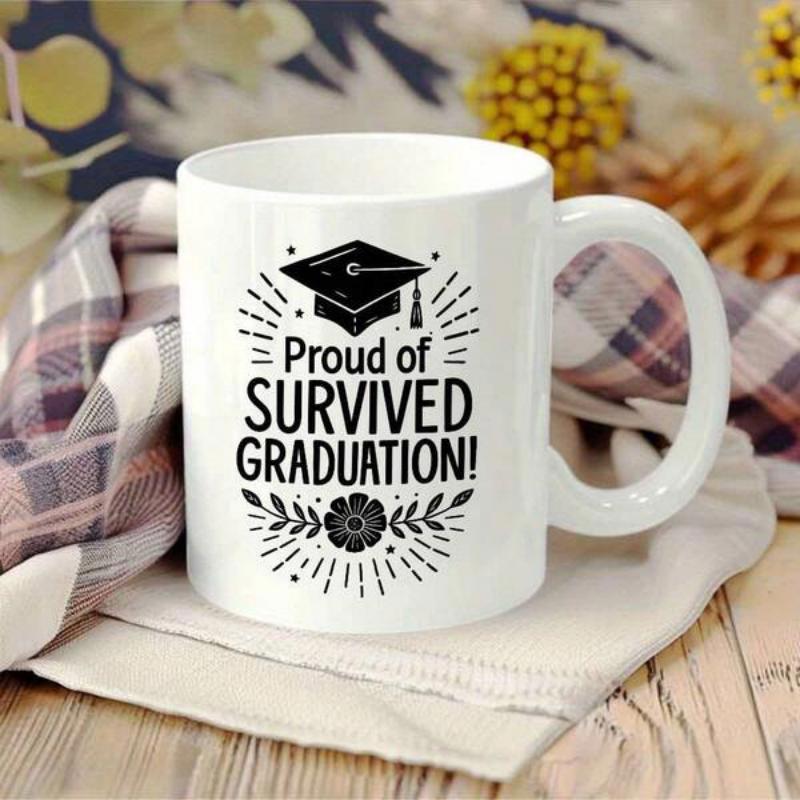 Tailorly White Ceramic 11 oz Mug - Proud Of Survived Graduation Classic Black Mortarboard Embellished With Decorative Radiating Lines And Floral Graduation