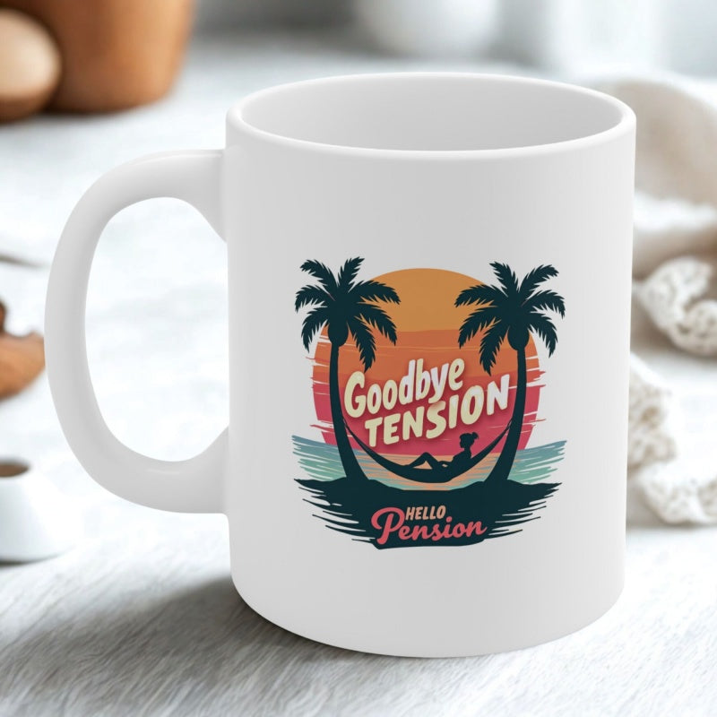 Tailorly White Ceramic 11 oz Mug - Goodbye Tension Hello Pension Tropical Sunset Scene With Relaxing Hammock Between Majestic Silhouette Palm Tree