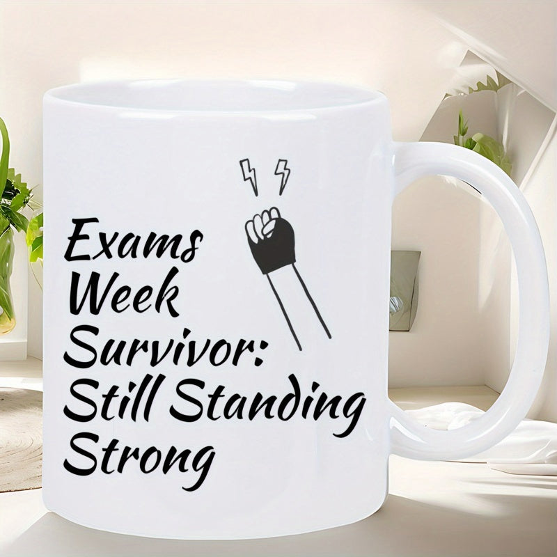 Tailorly White Ceramic 11 oz Mug - Exams Week Survivor Still Standing Strong Powerful Hand Raised High Surrounded By Energetic Lightning Bolt Fist