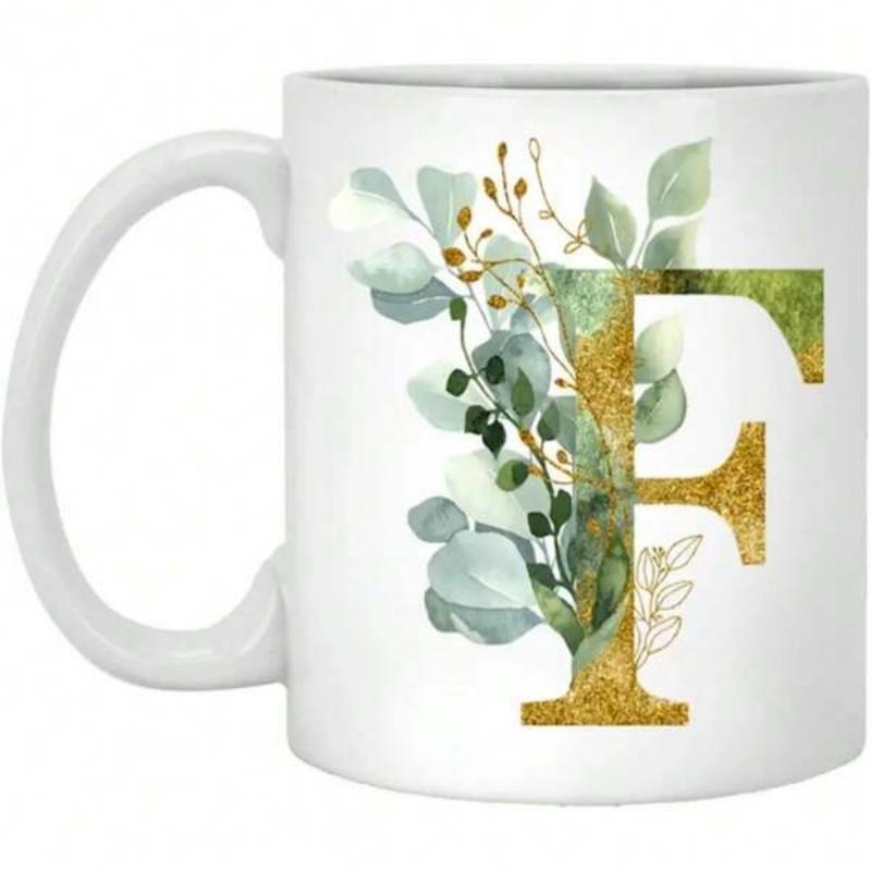 Tailorly White Ceramic 11 oz Mug - F Golden Glitter Texture Intertwined With Elegant Green Eucalyptus Leaves And Branches Letter F