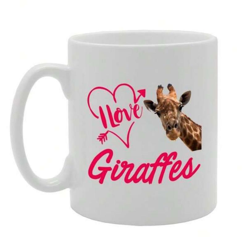 Tailorly White Ceramic 11 oz Mug - I Love Giraffes Cute Hand Drawn Pink Heart With Realistic Wild Spotted Giraffe