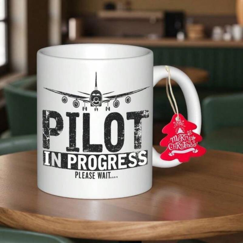 Tailorly White Ceramic 11 oz Mug - Pilot In Progress Please Wait Minimalist Modern Jet Silhouette Flying Straight Through Open Clear Sky Airplane