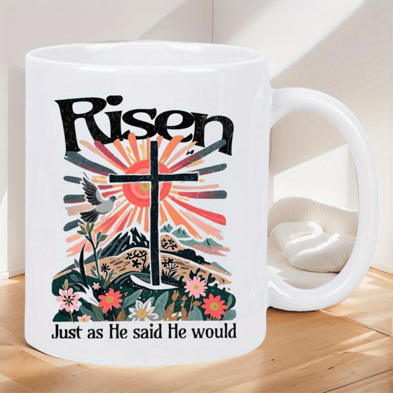 Tailorly White Ceramic 11 oz Mug - Risen Just As He Said He Would Radiant Sunrise Over Mountains With Flying Dove And Blooming Flowers Cross