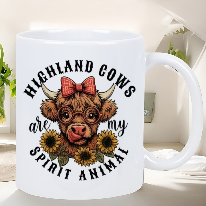 Tailorly White Ceramic 11 oz Mug - Highland Cows Are My Spirit Animal Sweet Fluffy Animal Wearing Glasses And Red Bow Among Sunflowers Highland Cow