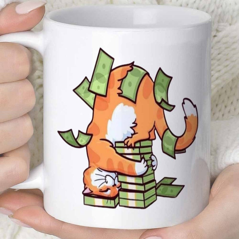 Tailorly White Ceramic 11 oz Mug - Playful Orange Tabby Sleeping Upside Down On Stacks Of Green Money Cat