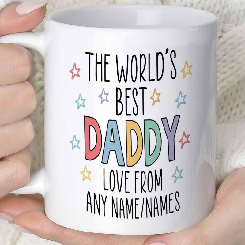 Tailorly White Ceramic 11 oz Mug - The Worlds Best Daddy Love From Any Name Names Multi Colored Pastel Stars Scattered Around Bold Hand Lettered Mug