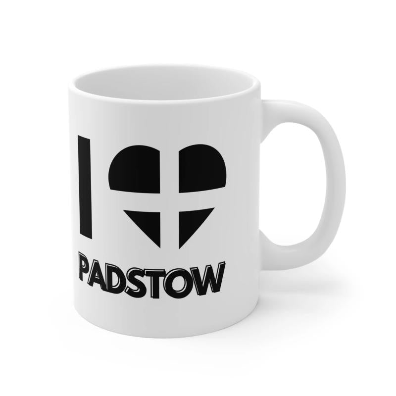 Tailorly White Ceramic 11 oz Mug - I Padstow Minimalist Black Heart Silhouette Featuring St Pirans Cross Symbol Mug